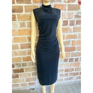 Old Navy Women Midi Knit Dress High Neck Ruched Waist Black Size LG NWT